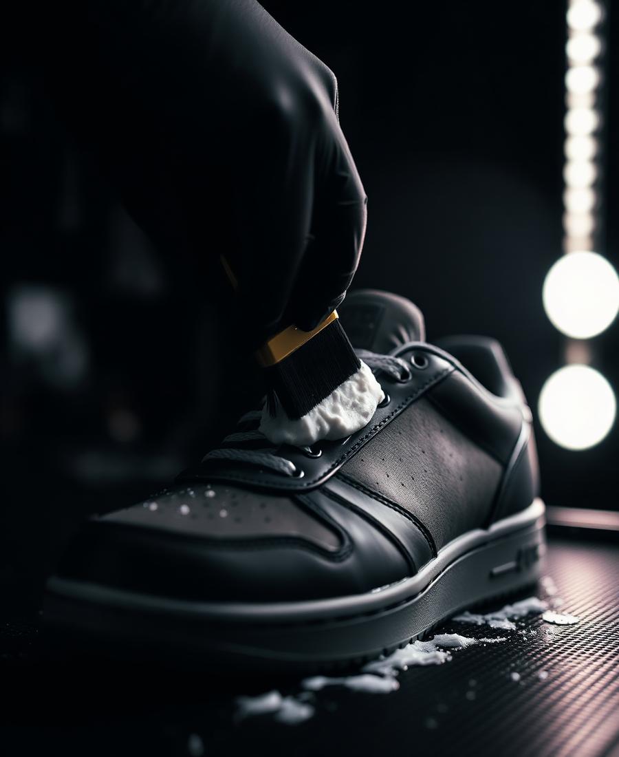 Specialist cleaning a sneaker in a detailing studio